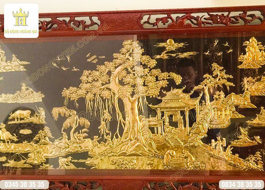 Tranh đồng quê bằng đồng vàng miếng khung gỗ tự nhiên