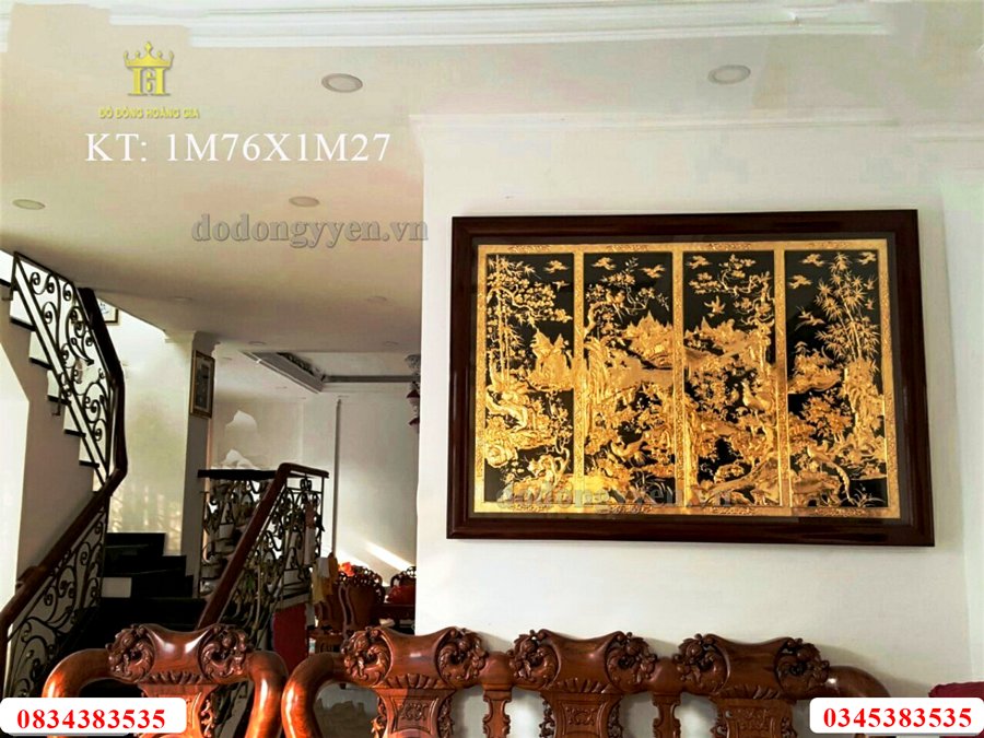 Tranh tứ quý bằng đồng vàng khung gỗ tự nhiên